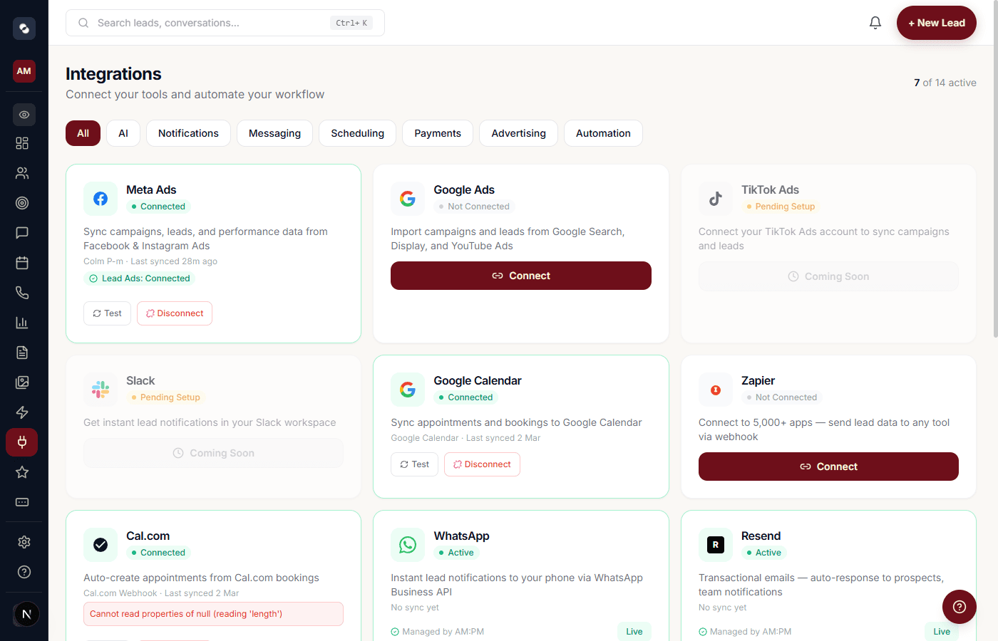 Integrations page showing Meta Ads, WhatsApp, Cal.com, and more connected